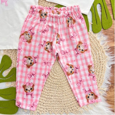 Conj. Blusa Manga Longa Oncinha Love e Calça Xadrez - Off White e Rosa